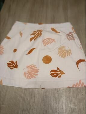 White Mini Skirt with Abstract Brown and Pink Print